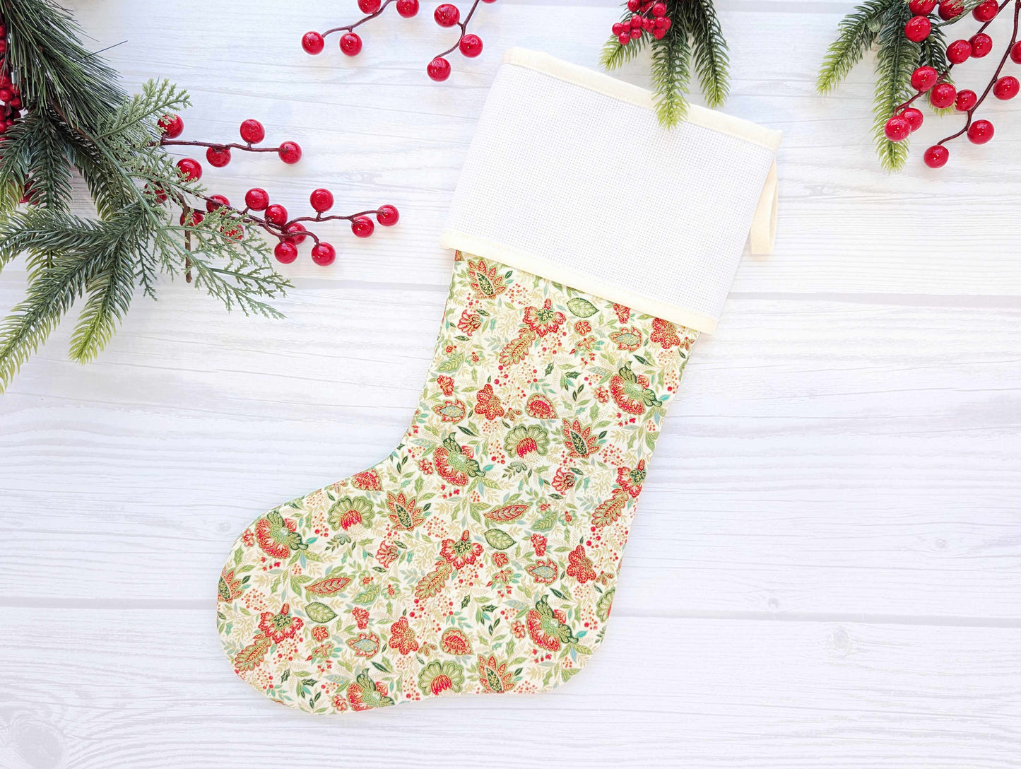 cream floral quilted Christmas stocking with blank cross stitch aida cuff