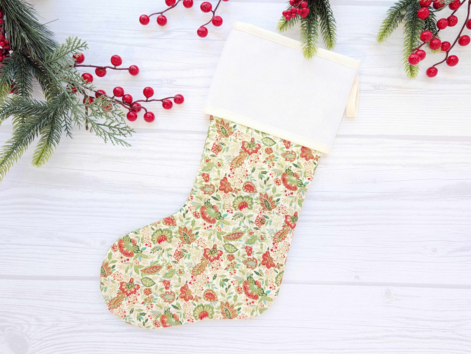cream floral quilted Christmas stocking with blank cross stitch aida cuff