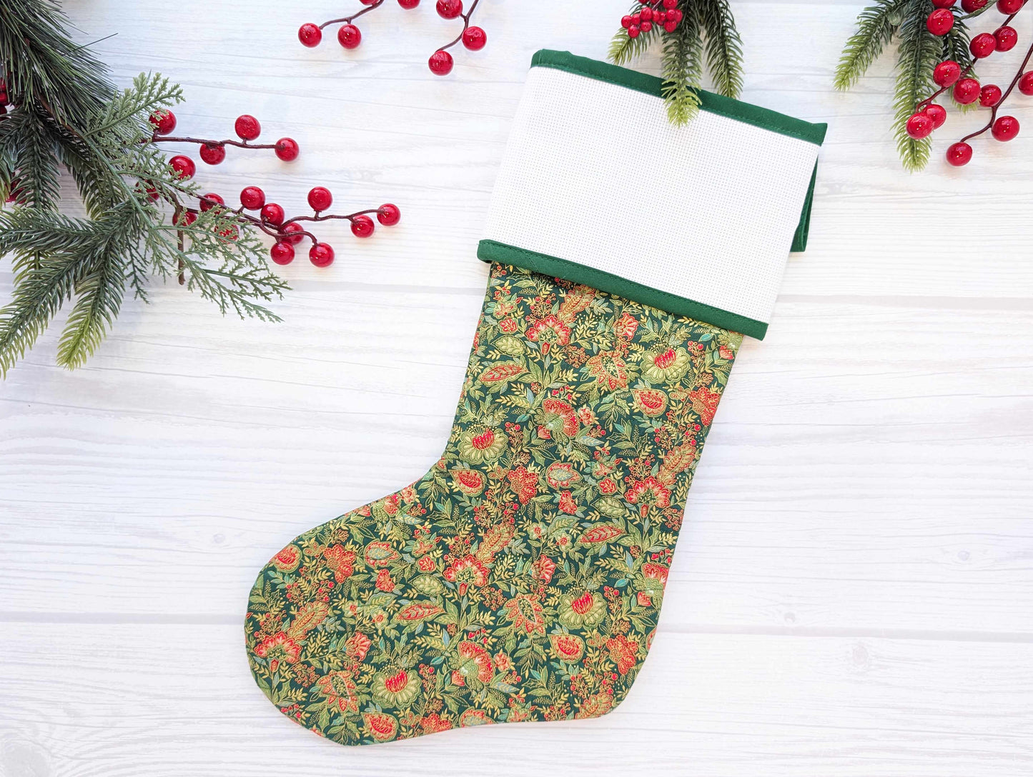 green floral quilted Christmas stocking with blank cross stitch aida cuff