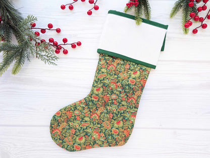 green floral quilted Christmas stocking with blank cross stitch aida cuff