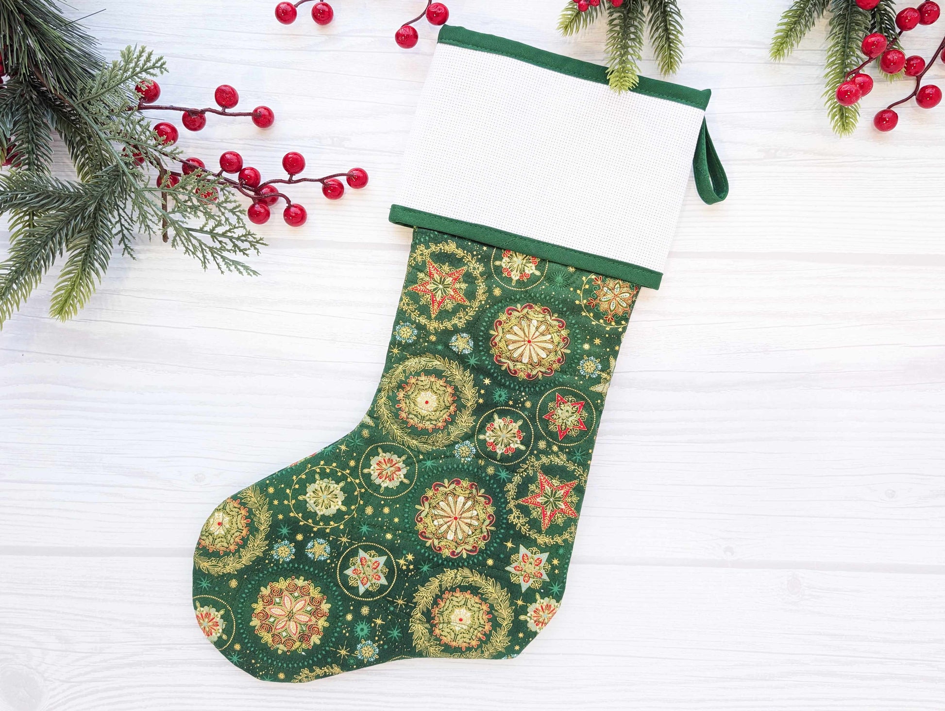 green snowflake star quilted Christmas stocking with blank cross stitch aida cuff