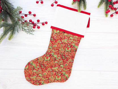 quilted Christmas stocking with blank cross stitch aida cuff red floral