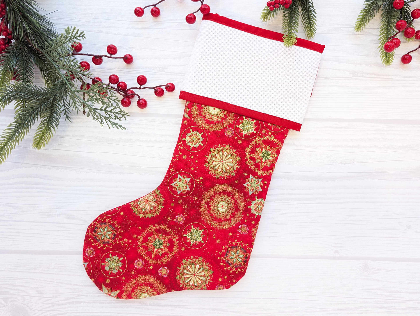 red snowflake stars quilted Christmas stocking with blank cross stitch aida cuff