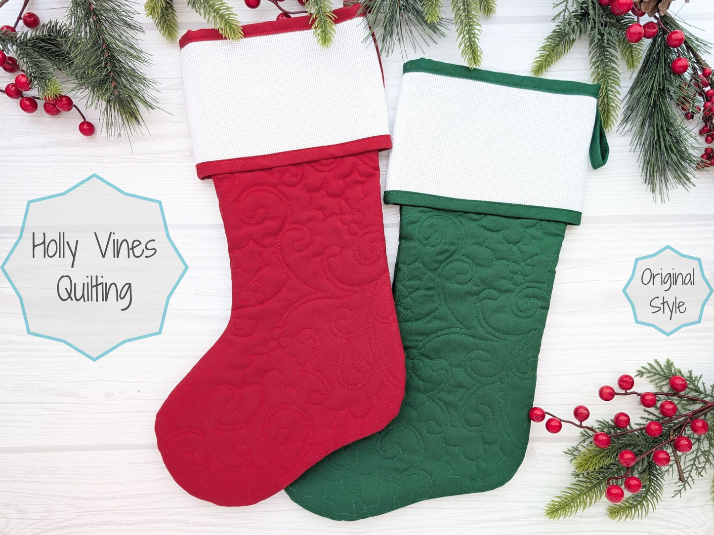 holly vines  quilted christmas stocking with blank cross stitch aida cuff in red or green