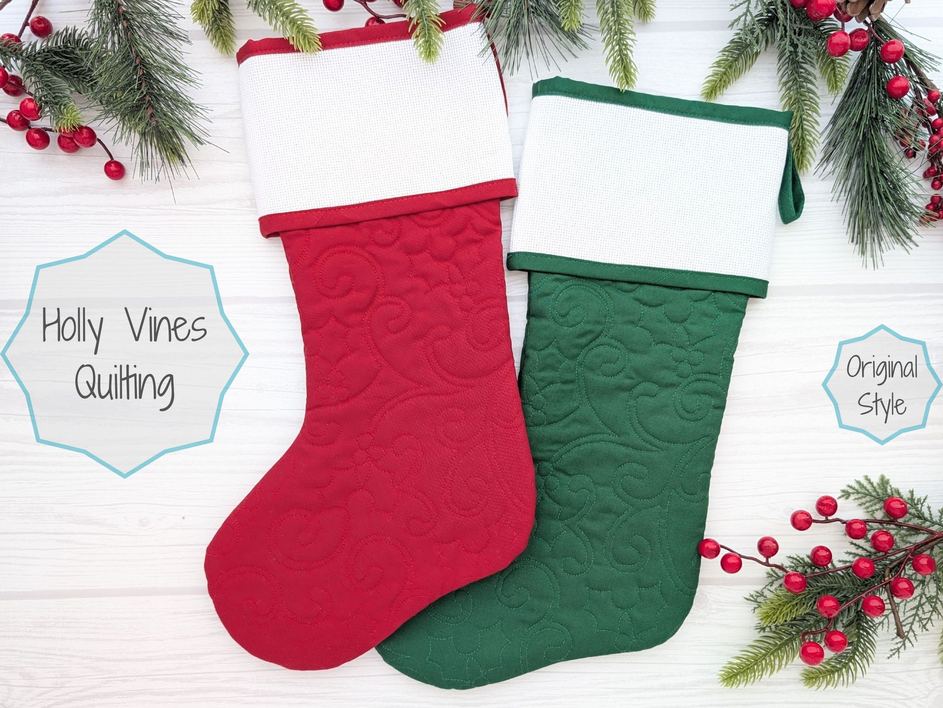 holly vines  quilted christmas stocking with blank cross stitch aida cuff in red or green