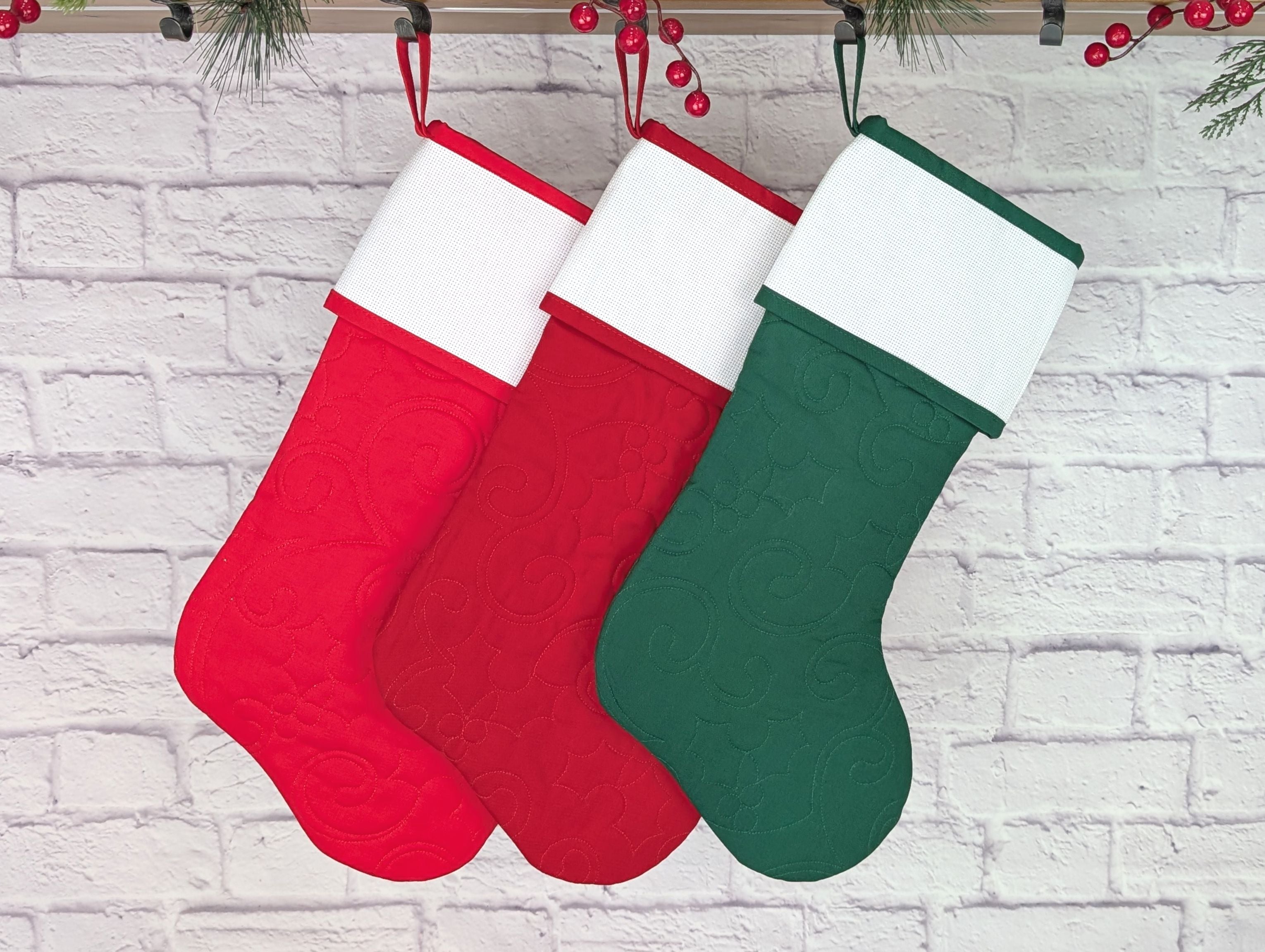 holly vines  quilted christmas stocking with blank cross stitch aida cuff in red or green