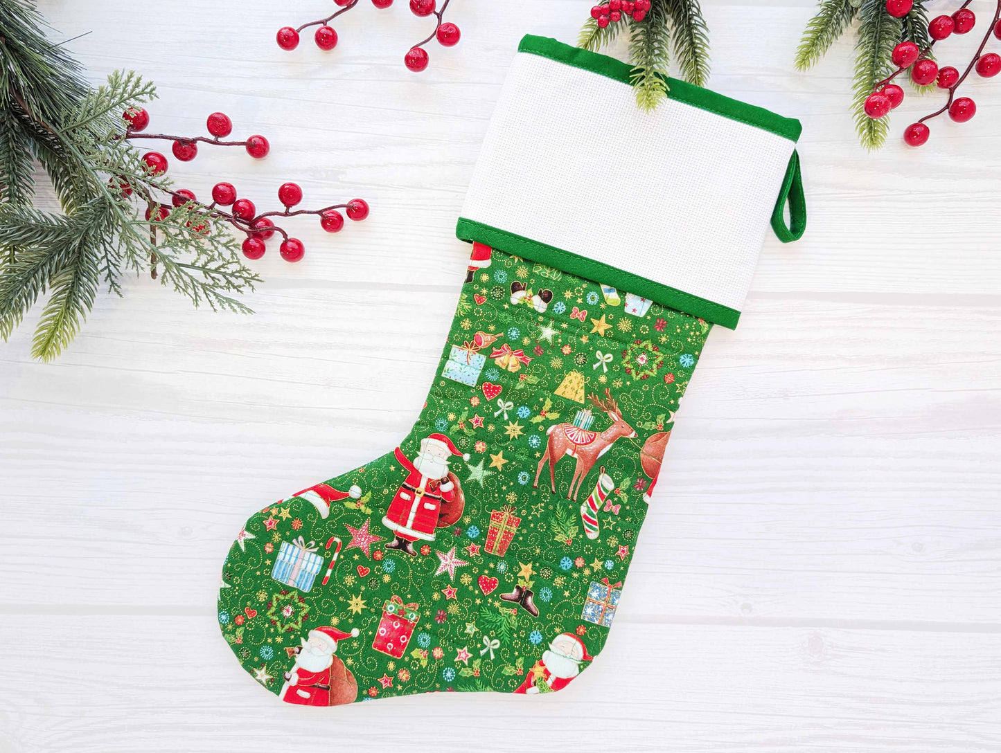 green santa metallic stars quilted christmas stocking with blank cross stitch aida cuff
