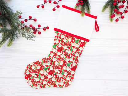 red packed santas quilted christmas stocking with blank cross stitch aida cuff