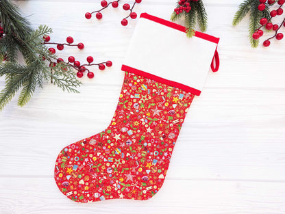 red metallic toys stars quilted christmas stocking with blank cross stitch aida cuff