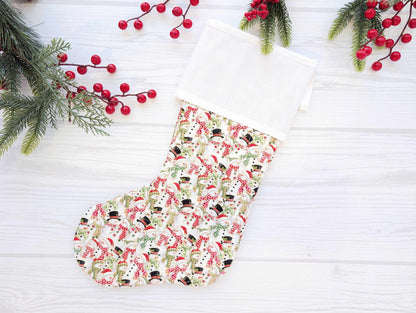 white snowmen quilted christmas stocking with blank cross stitch aida cuff