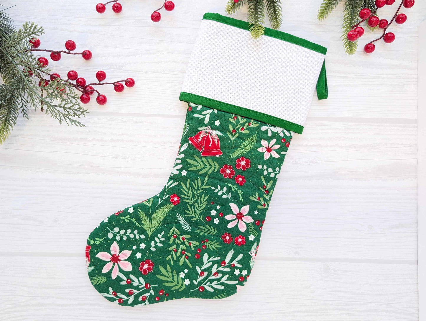 green floral holly bells quilted christmas stocking with blank cross stitch Aida cuff