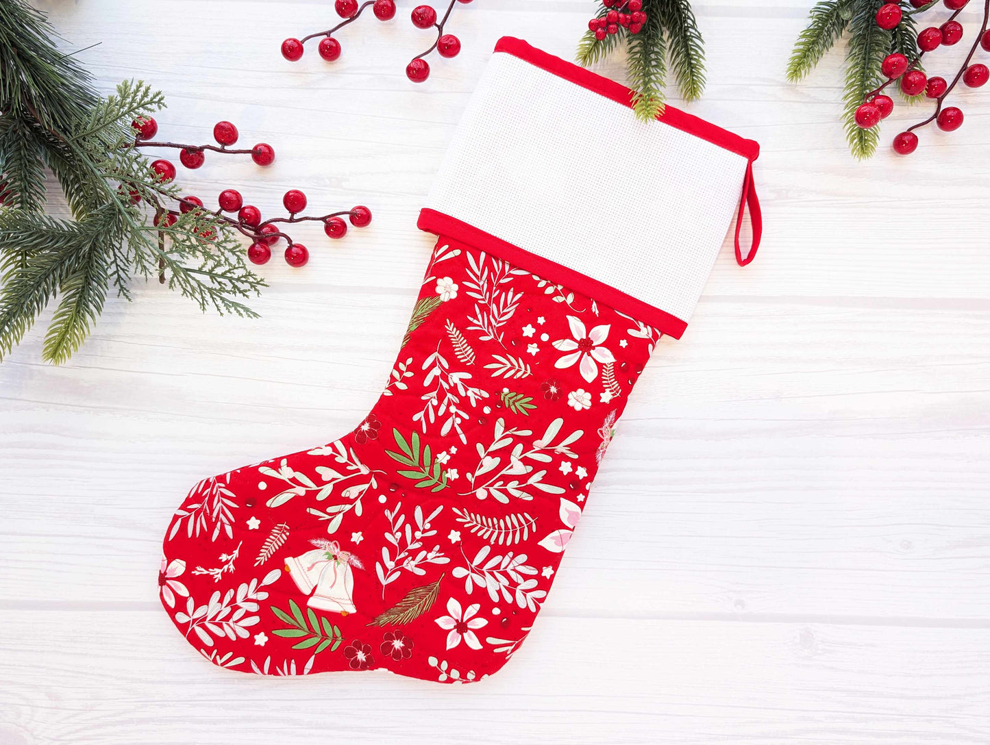red floral holly bells quilted christmas stocking with blank cross stitch Aida cuff