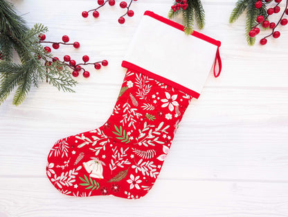 red floral holly bells quilted christmas stocking with blank cross stitch Aida cuff