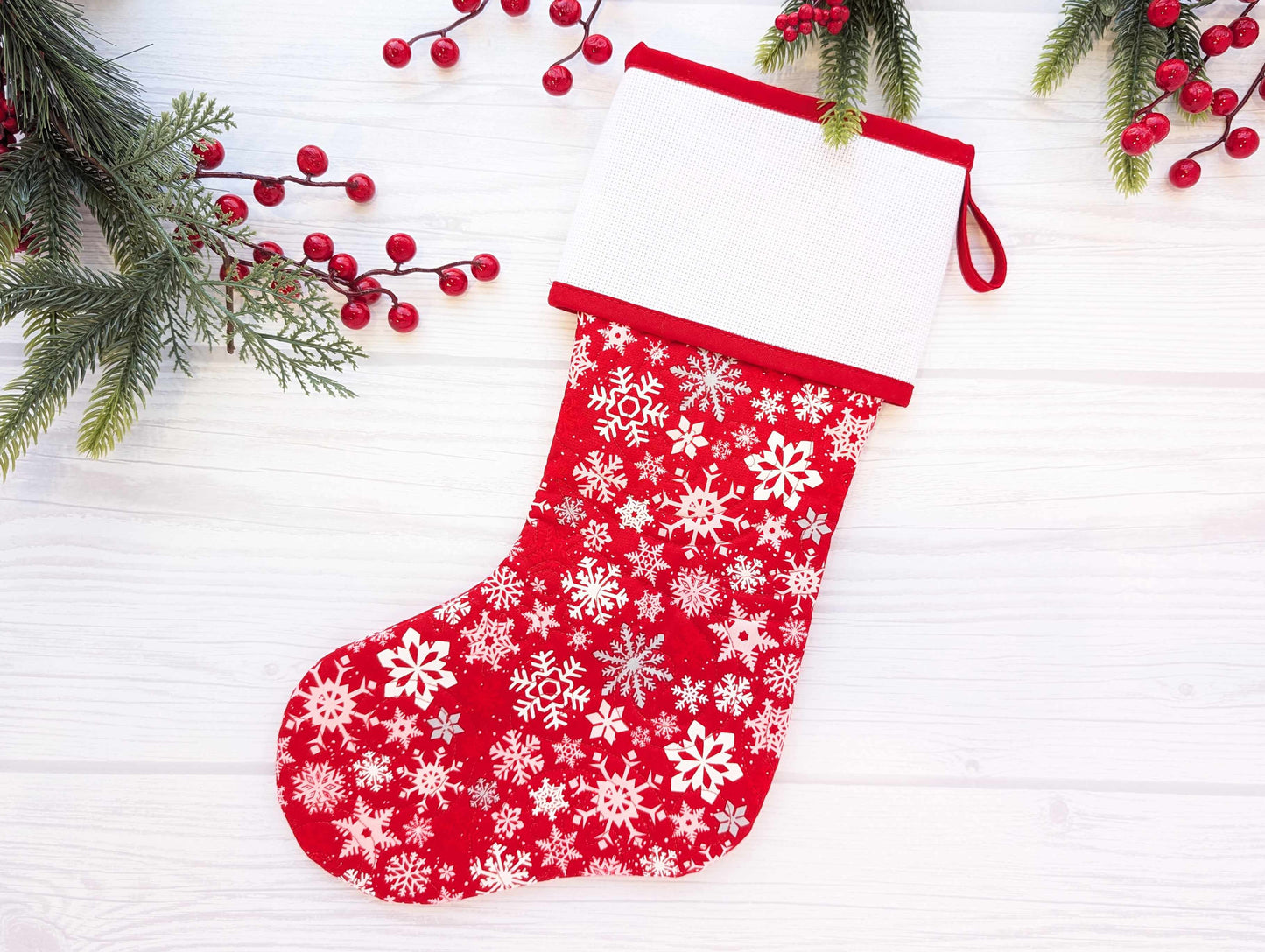 red snowflakesquilted christmas stocking with blank cross stitch Aida cuff