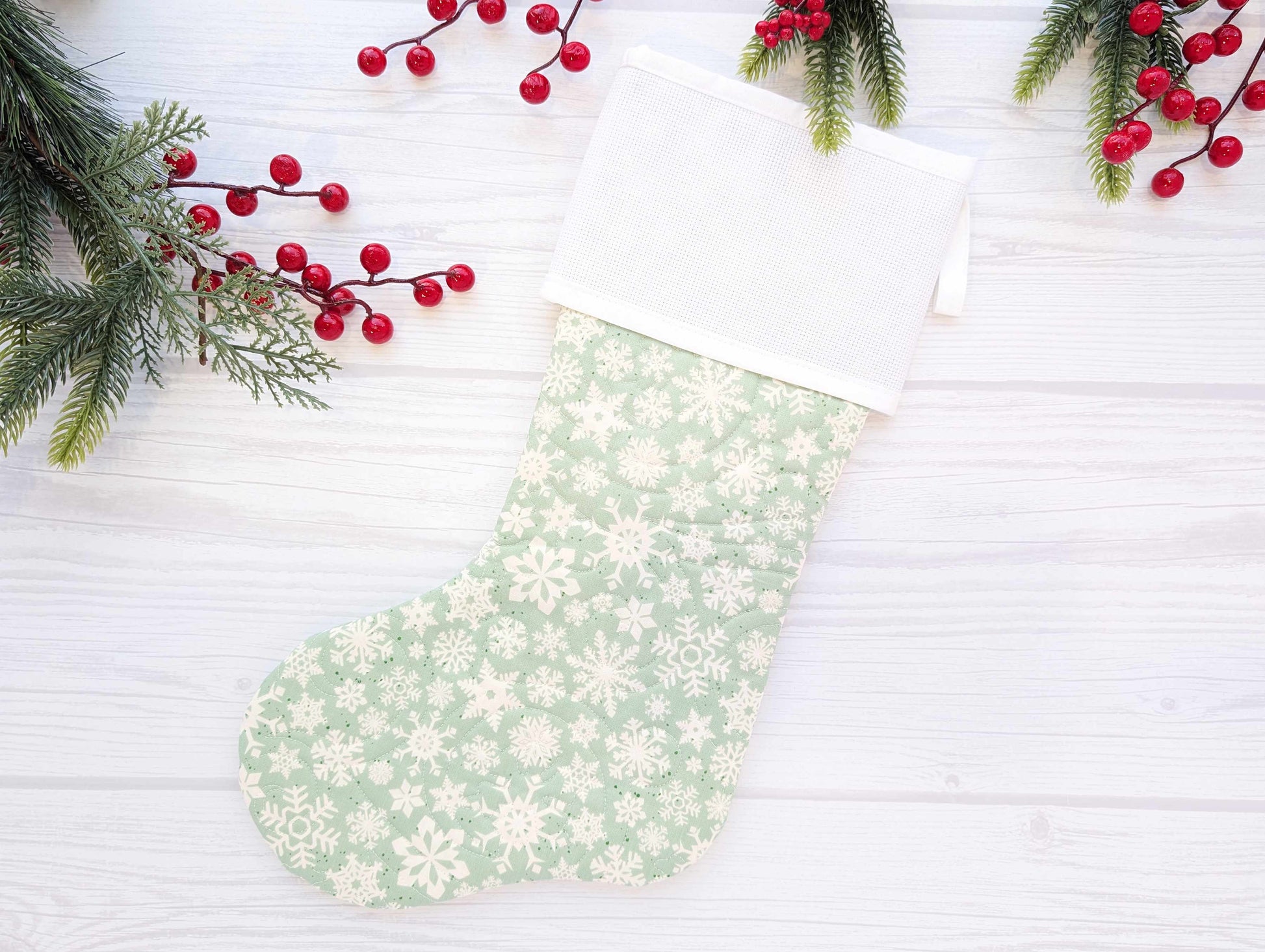 mint snowflakes quilted christmas stocking with blank cross stitch Aida cuff