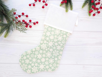 mint snowflakes quilted christmas stocking with blank cross stitch Aida cuff