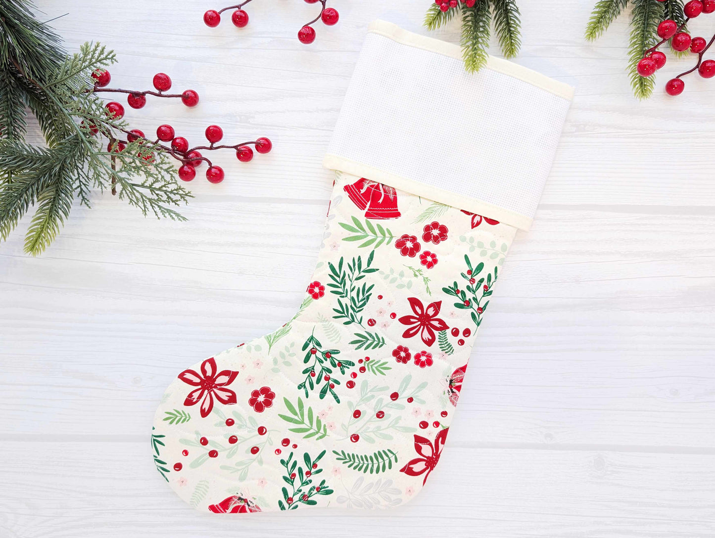 white floral holly quilted christmas stocking with blank cross stitch Aida cuff