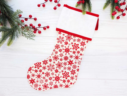 red on white snowflakes quilted christmas stocking with blank cross stitch Aida cuff