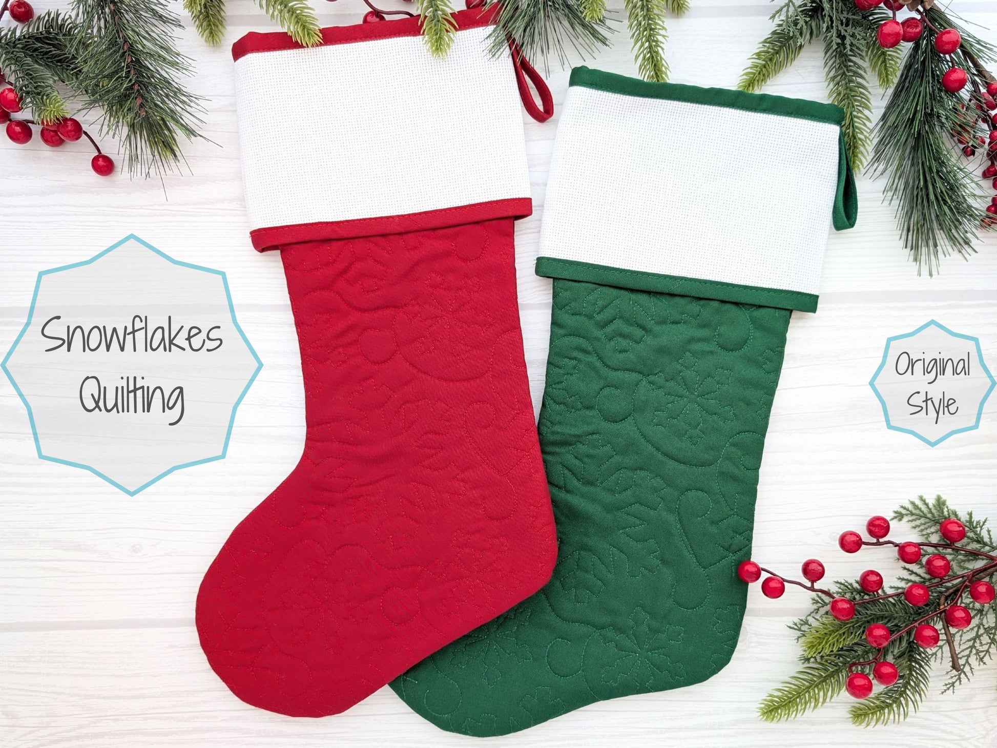 snowflakes  quilted christmas stocking with blank cross stitch aida cuff in red or green