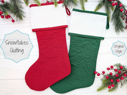 snowflakes  quilted christmas stocking with blank cross stitch aida cuff in red or green