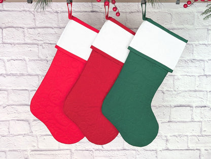 snowflakes  quilted christmas stocking with blank cross stitch aida cuff in red or green