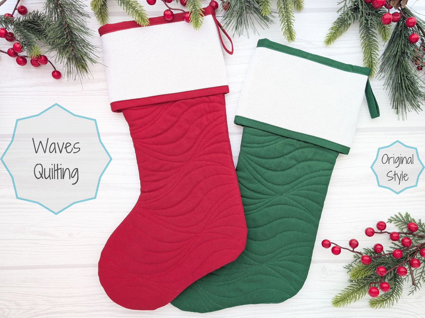 waves quilted christmas stocking with blank cross stitch aida cuff in red or green