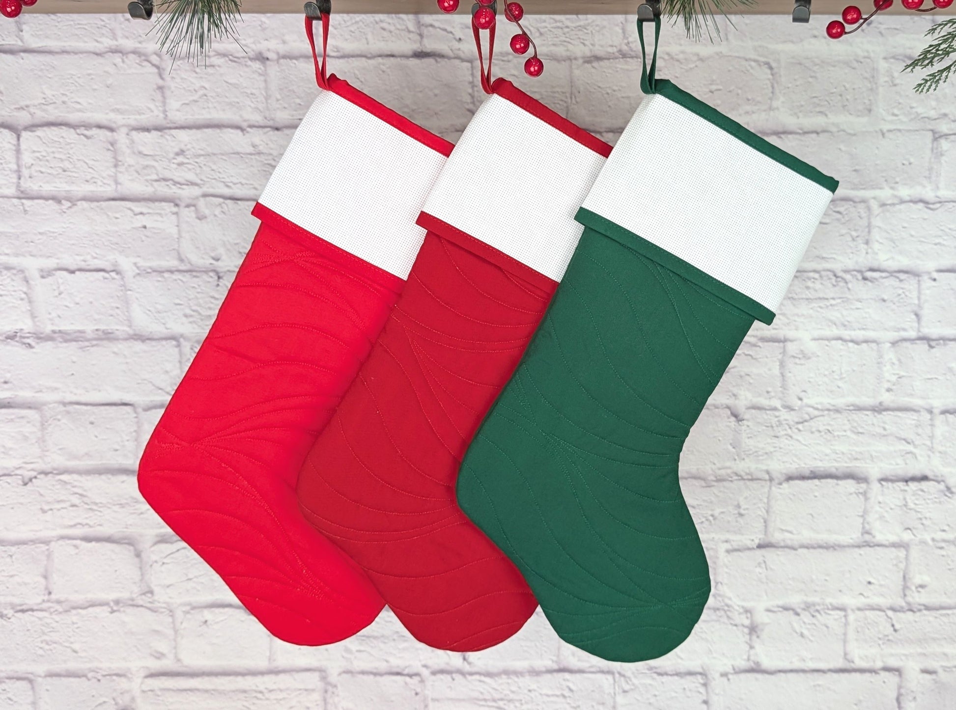 waves quilted christmas stocking with blank cross stitch aida cuff in red or green