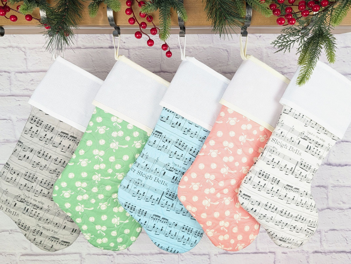paste music quilted Christmas stocking with blank cross stitch Aida cuff