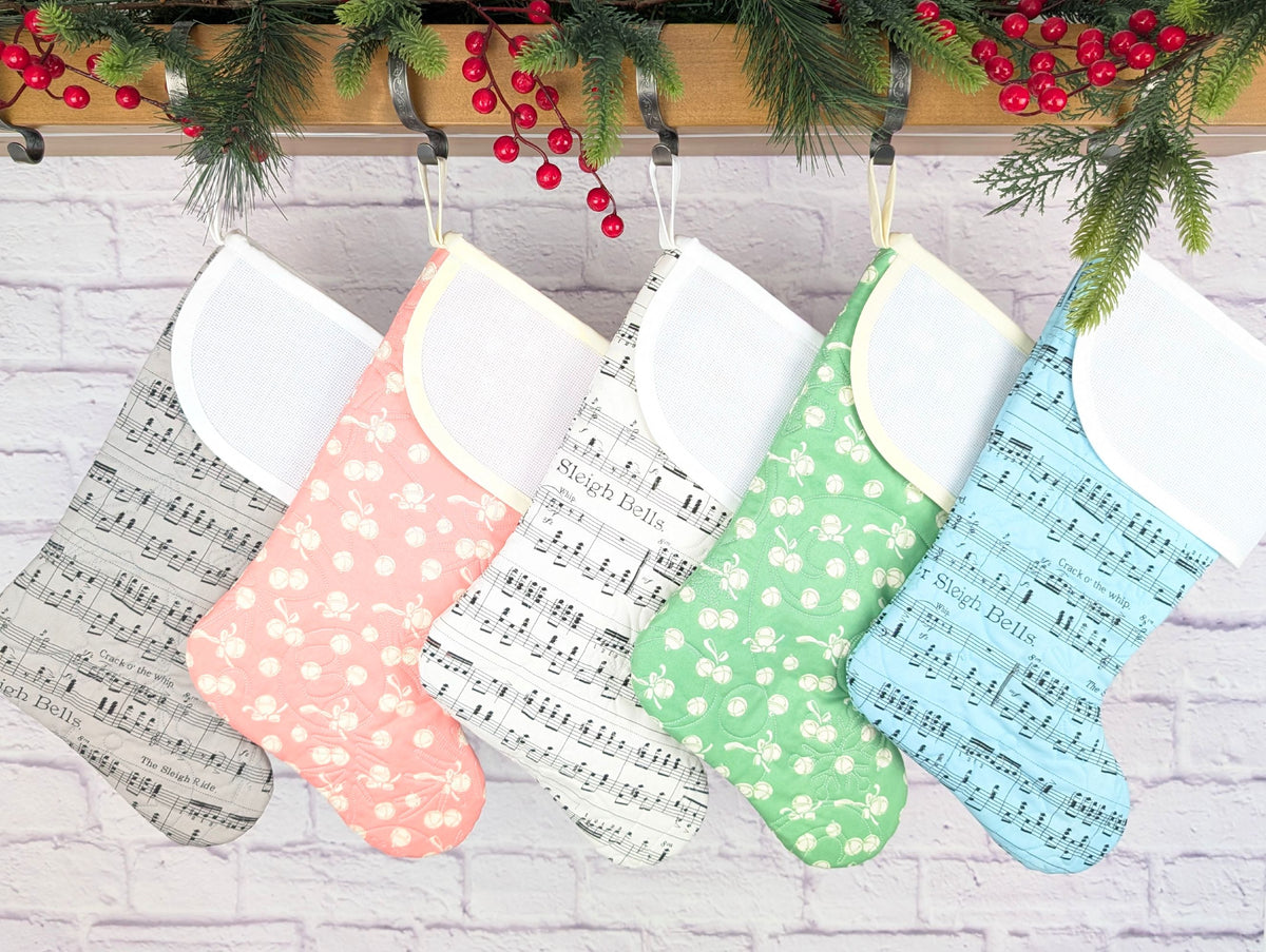 quilted Christmas stocking for musician with blank aida cross stitch cuff
