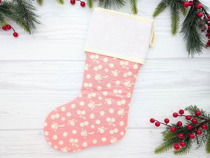 pink bells quilted Christmas stocking with blank cross stitch Aida cuff
