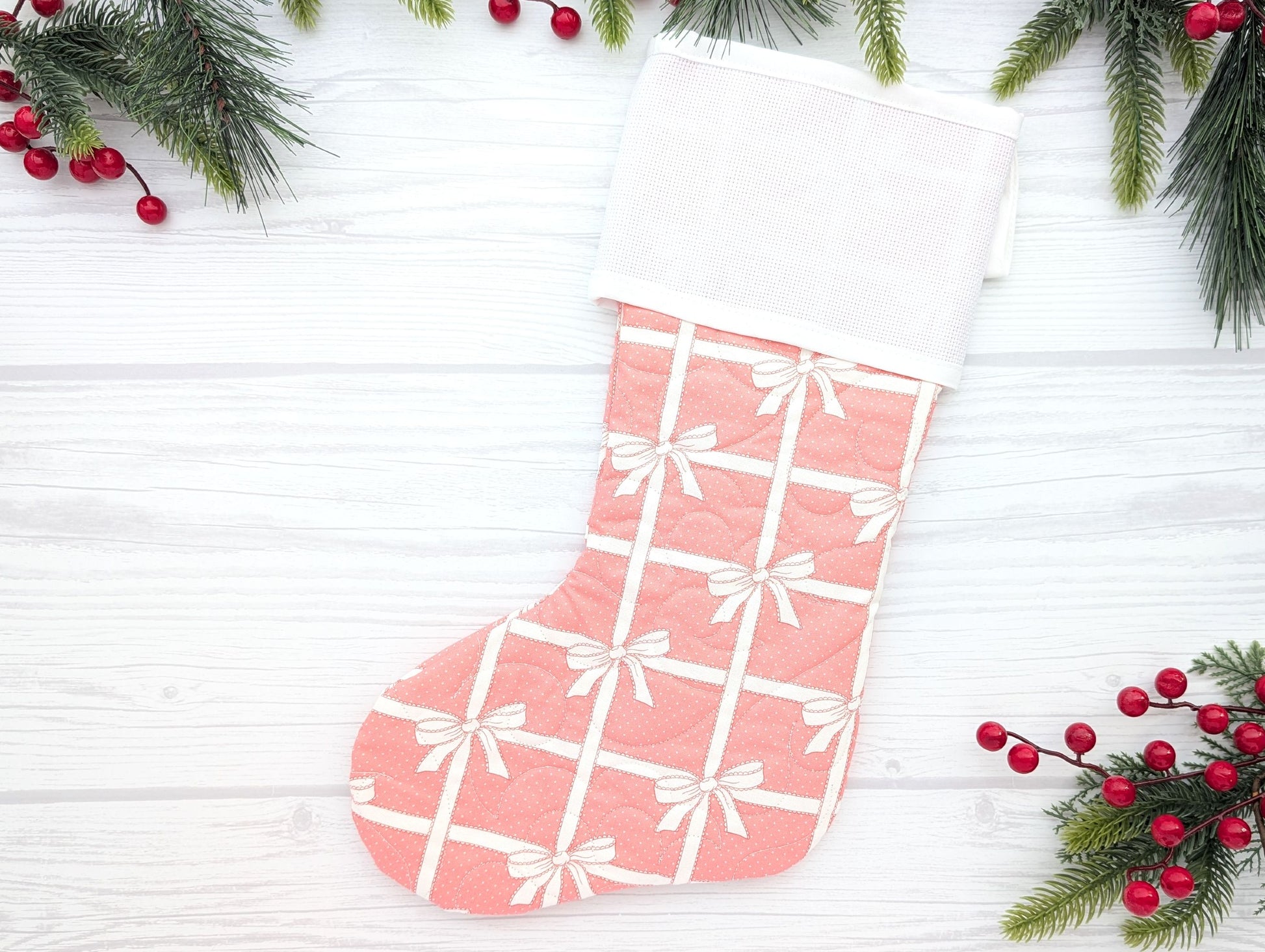 pin bows quilted Christmas stocking with blank cross stitch Aida cuff