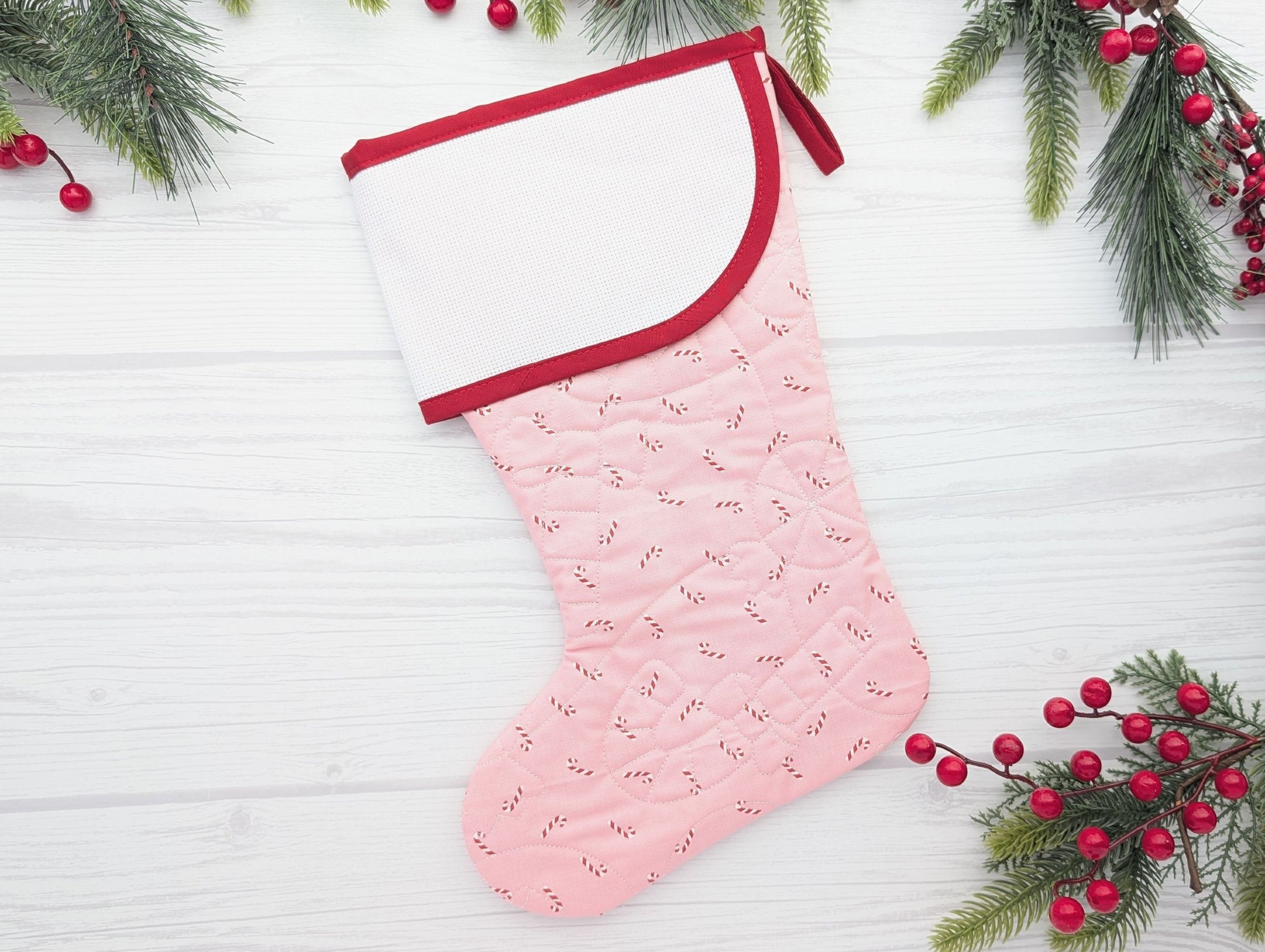 pink candy canes quilted christmas stocking with blank cross stitch aida cuff