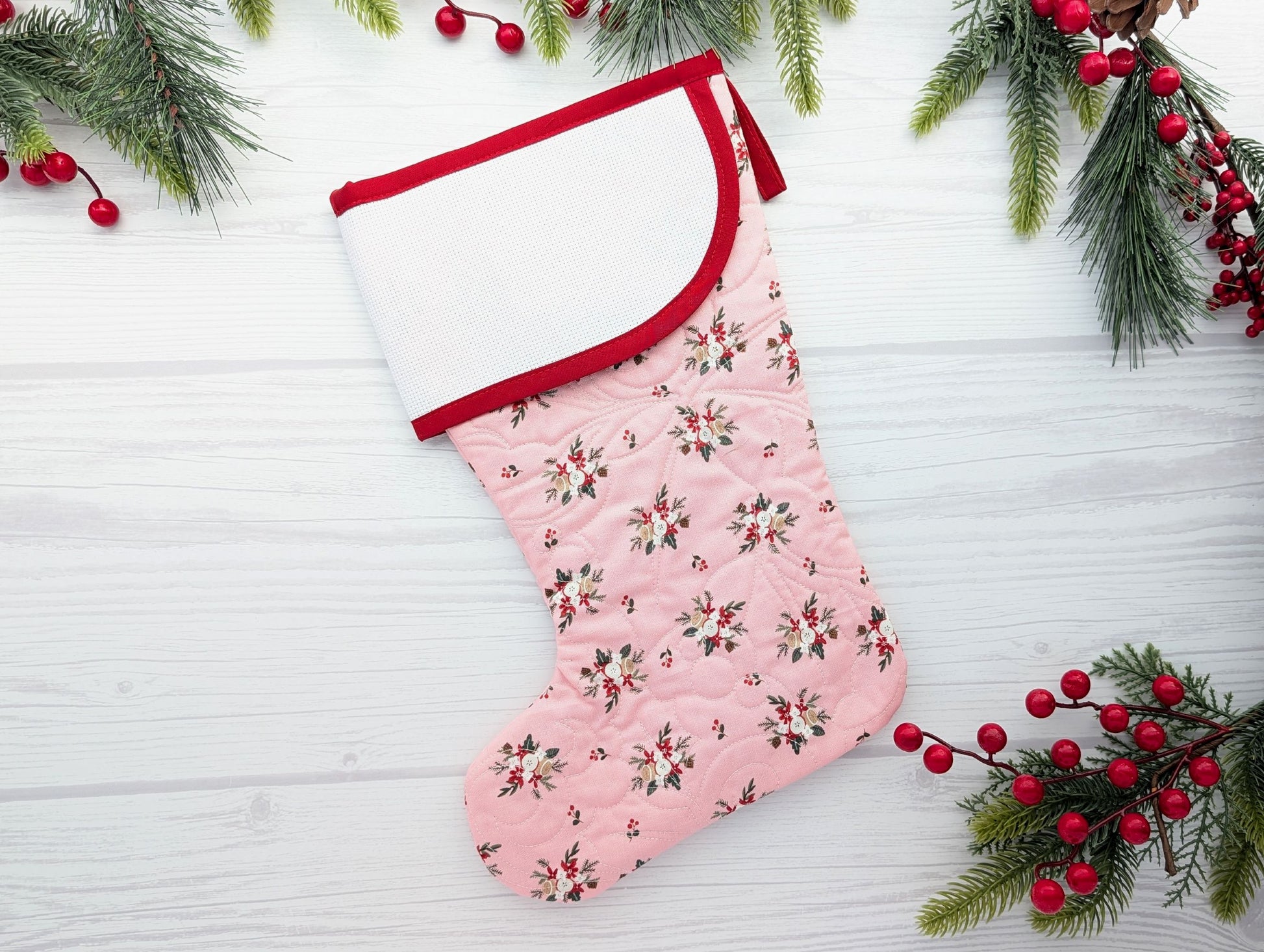 pink floral quilted christmas stocking with blank cross stitchable aida cuff