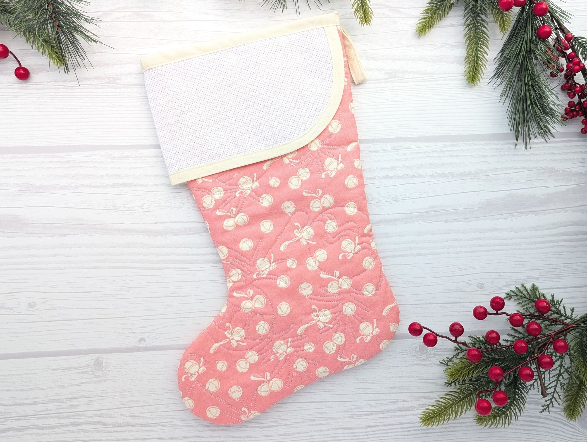 pink jingle bells quilted Christmas stocking for musician with blank aida cross stitch cuff