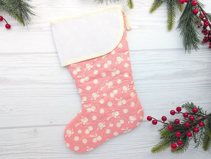 pink jingle bells quilted Christmas stocking for musician with blank aida cross stitch cuff