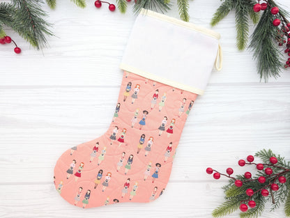 pink sisters LDS Missionary quilted Christmas stocking with blank cross stitch Aida cuff