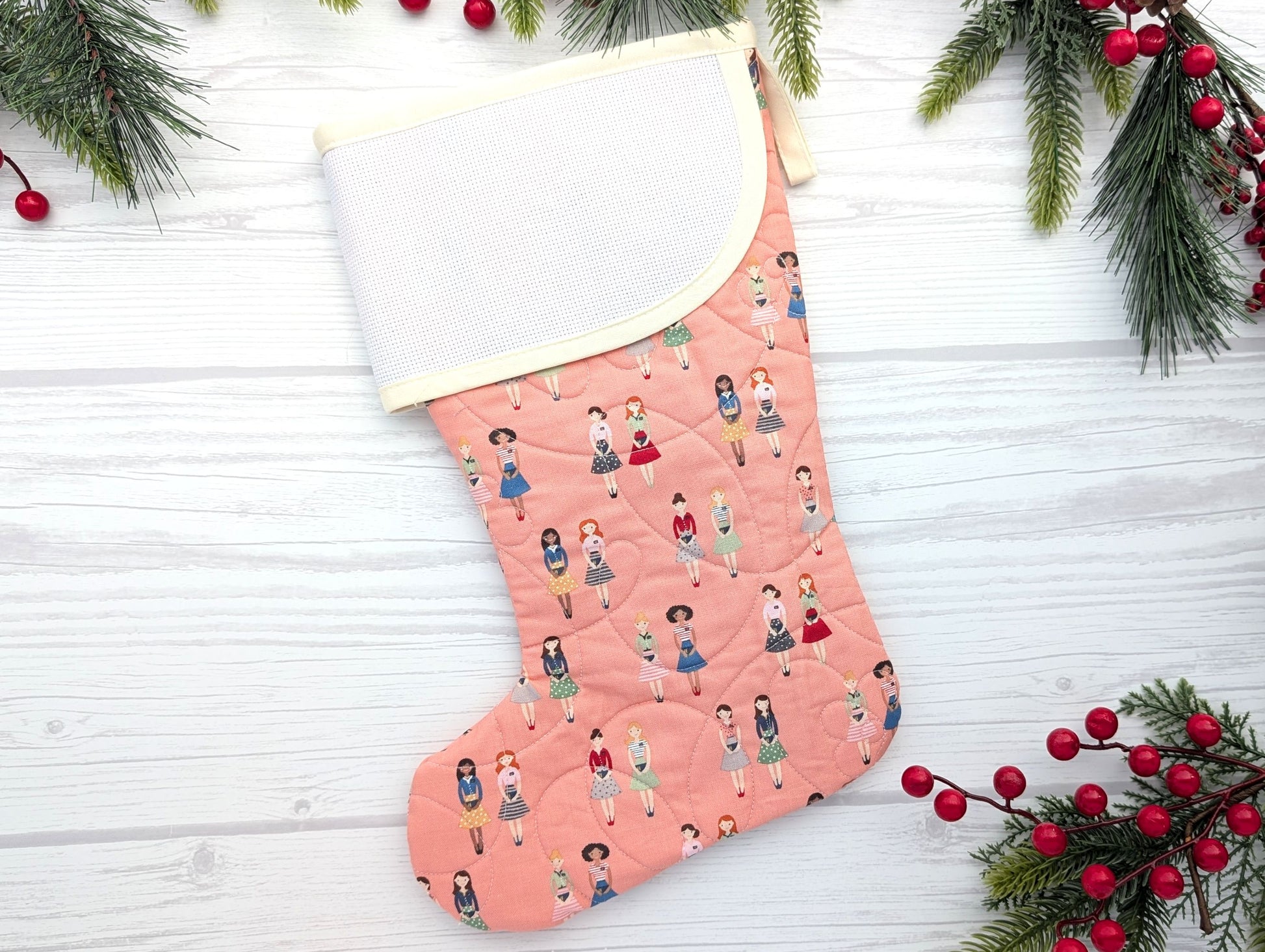 pink sisters quilted Christmas stocking with blank cross stitch Aida cuff for LDS missionary