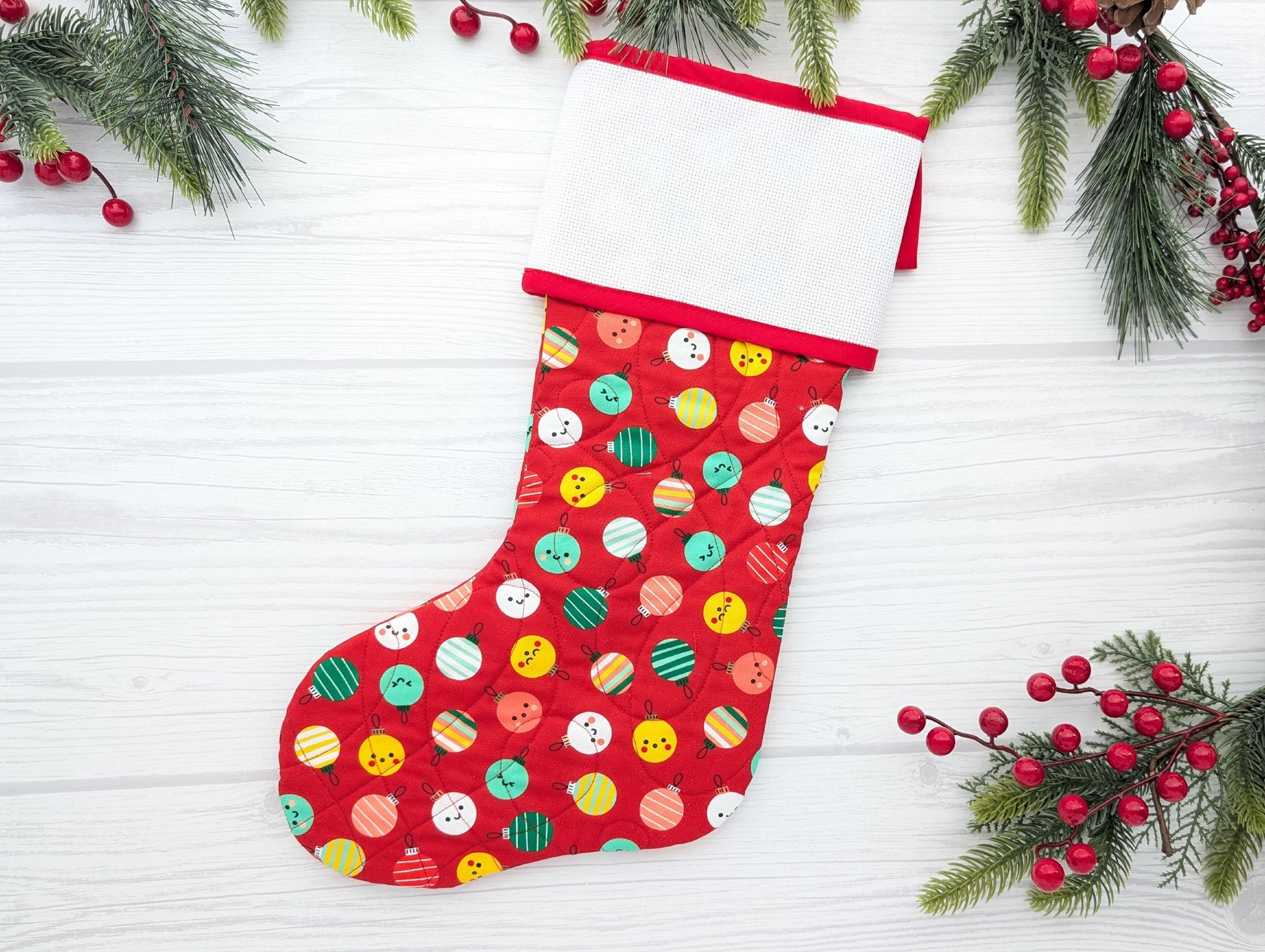 quilted Christmas stocking with blank cross stitch Aida cuff