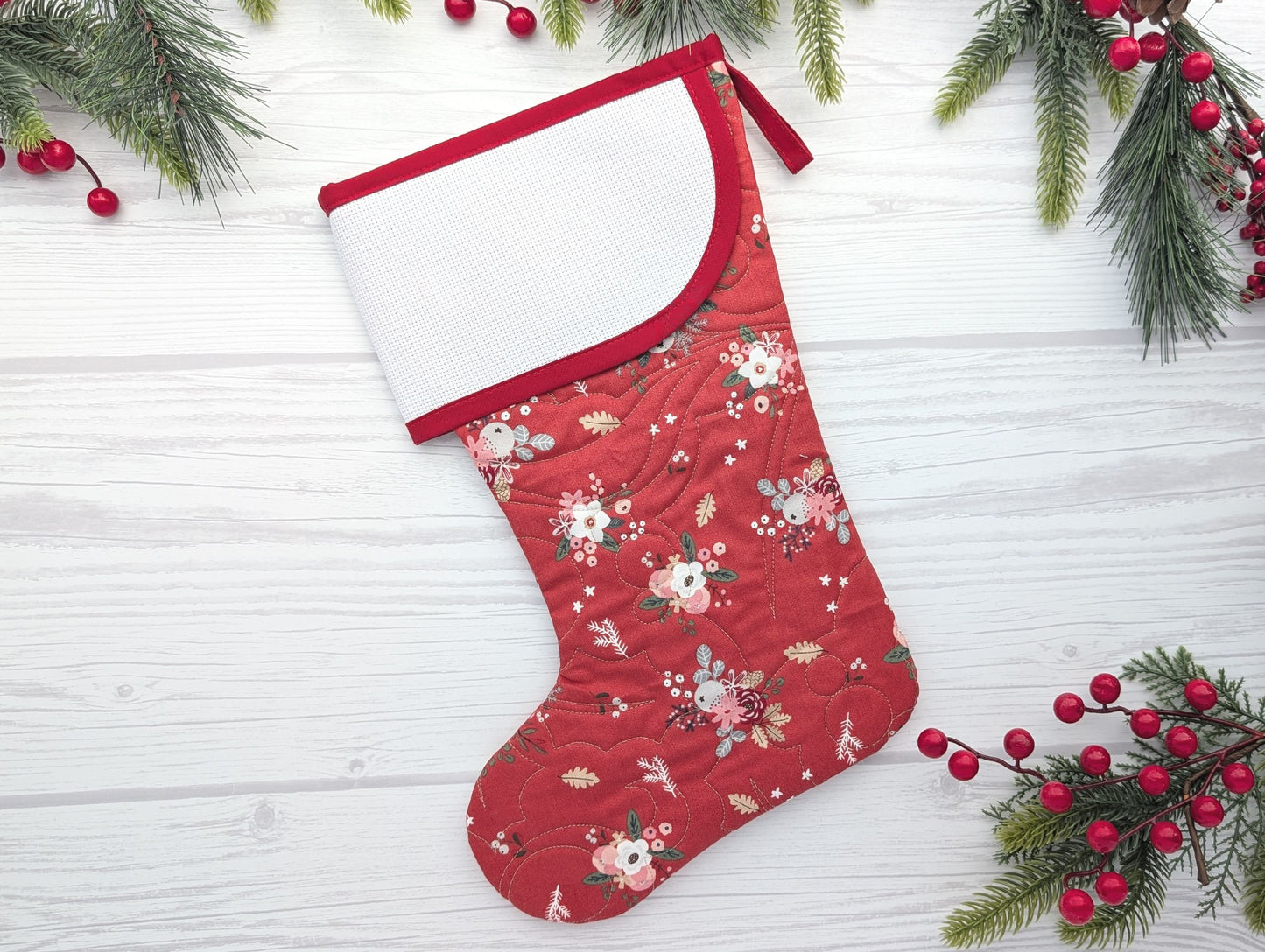 red floral quilted christmas stocking with blank cross stitchable aida cuff