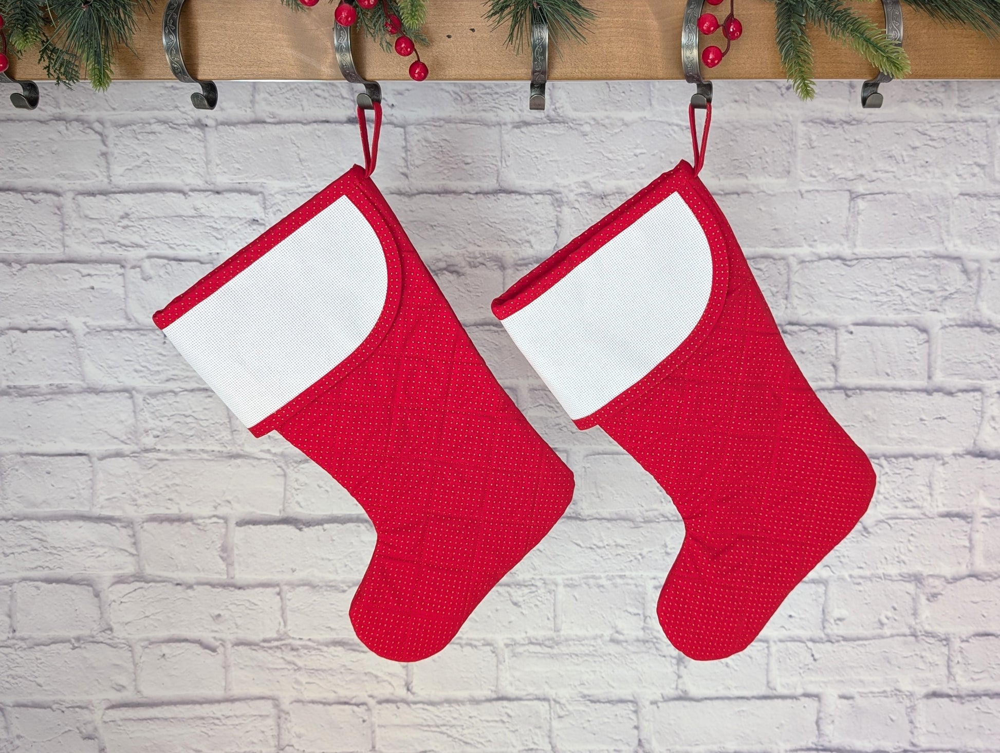 red stocking with metallic gold dots and blank cross-stitch cuff