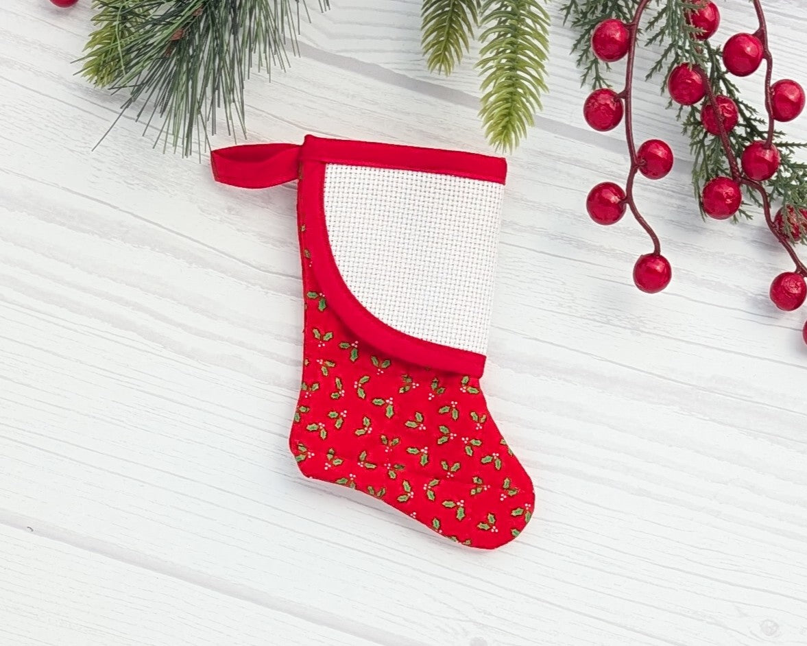 red holly mini christmas stocking with blank cross-stitchable cuff