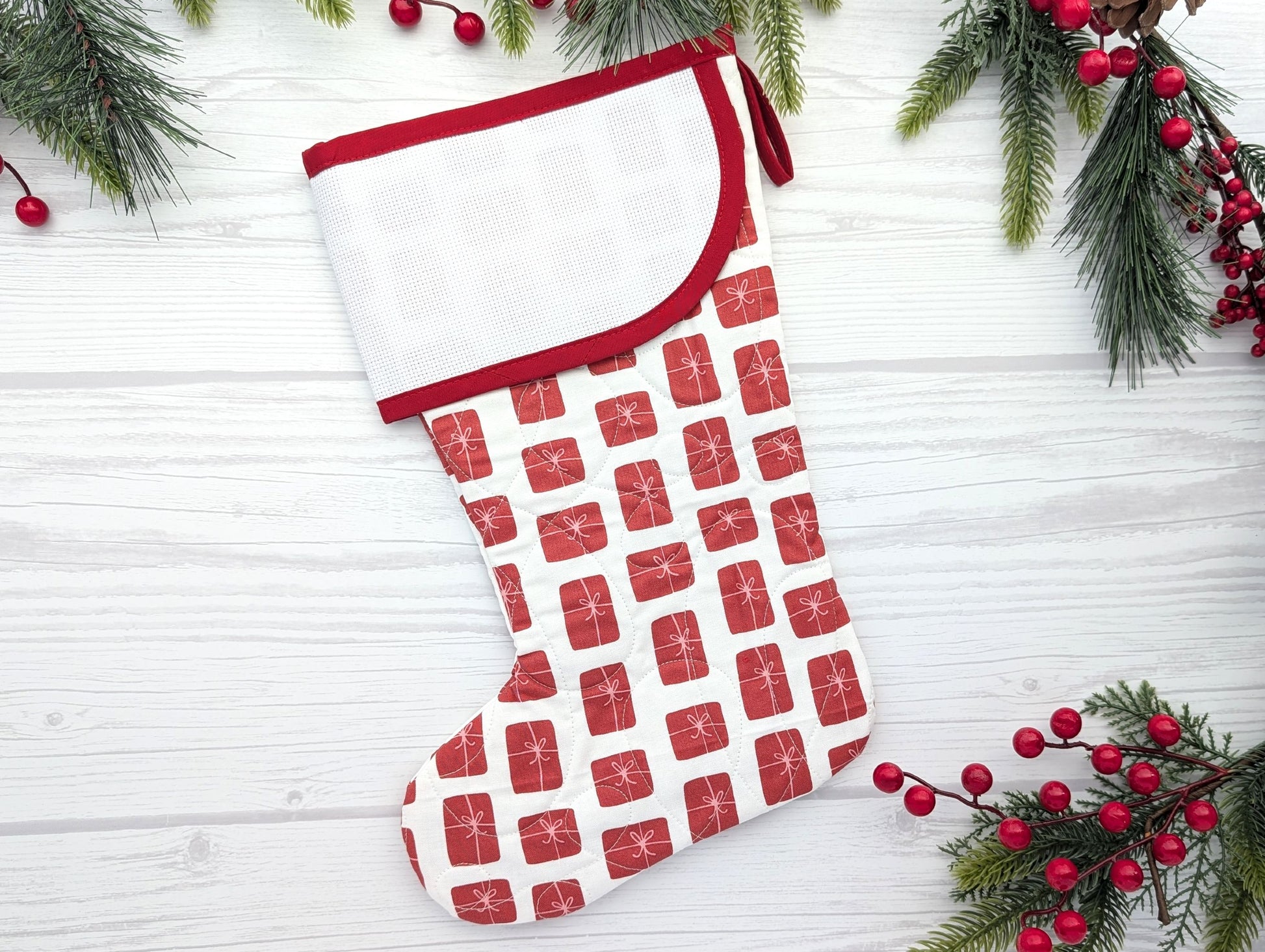 red on white gifts quilted christmas stocking with blank cross stitch aida cuff