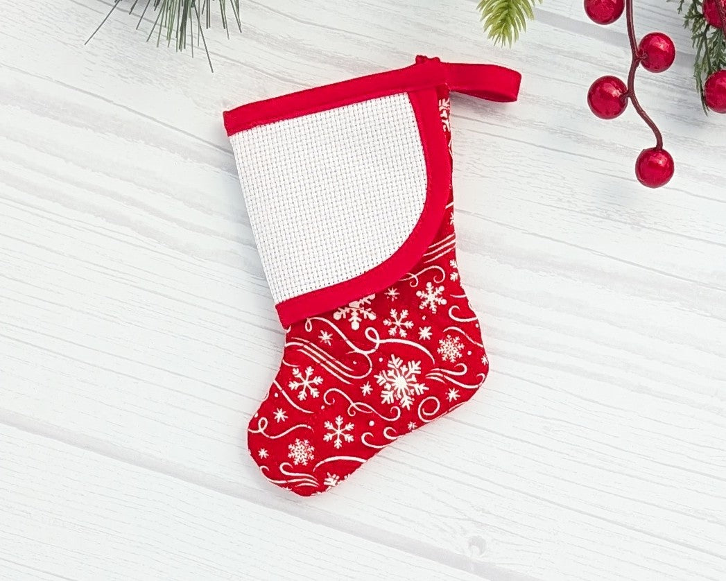 red snowflakes mini christmas stocking with blank cross-stitchable cuff