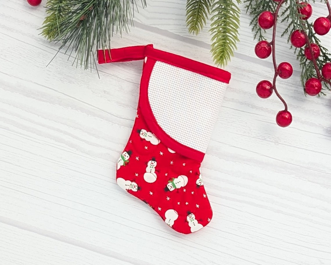 red snowmen mini christmas stocking with blank cross-stitchable cuff