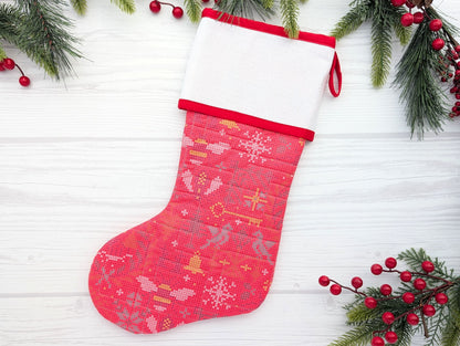 quilted Christmas stocking with blank cross stitch Aida cuff