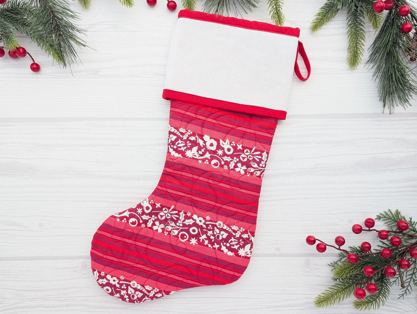 quilted Christmas stocking with blank cross stitch Aida cuff