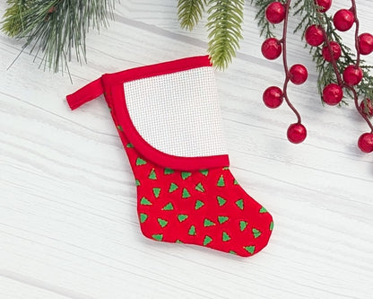 red trees mini christmas stocking with blank cross-stitchable cuff