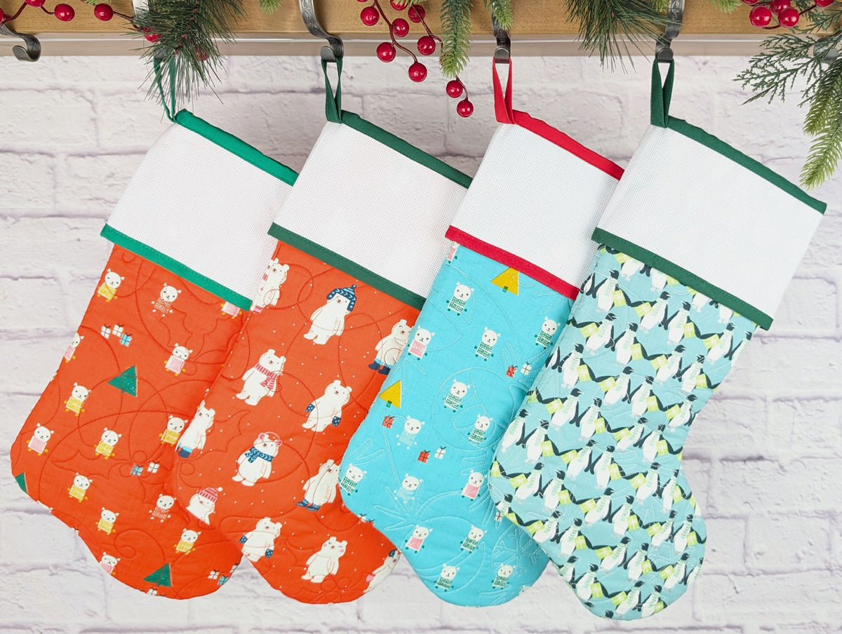 quilted Christmas stocking with blank cross stitch Aida cuff