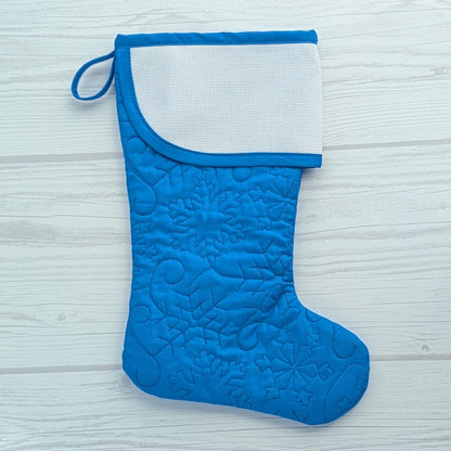 royal blue snowflakes Christmas stocking with blank cross stitch cuff