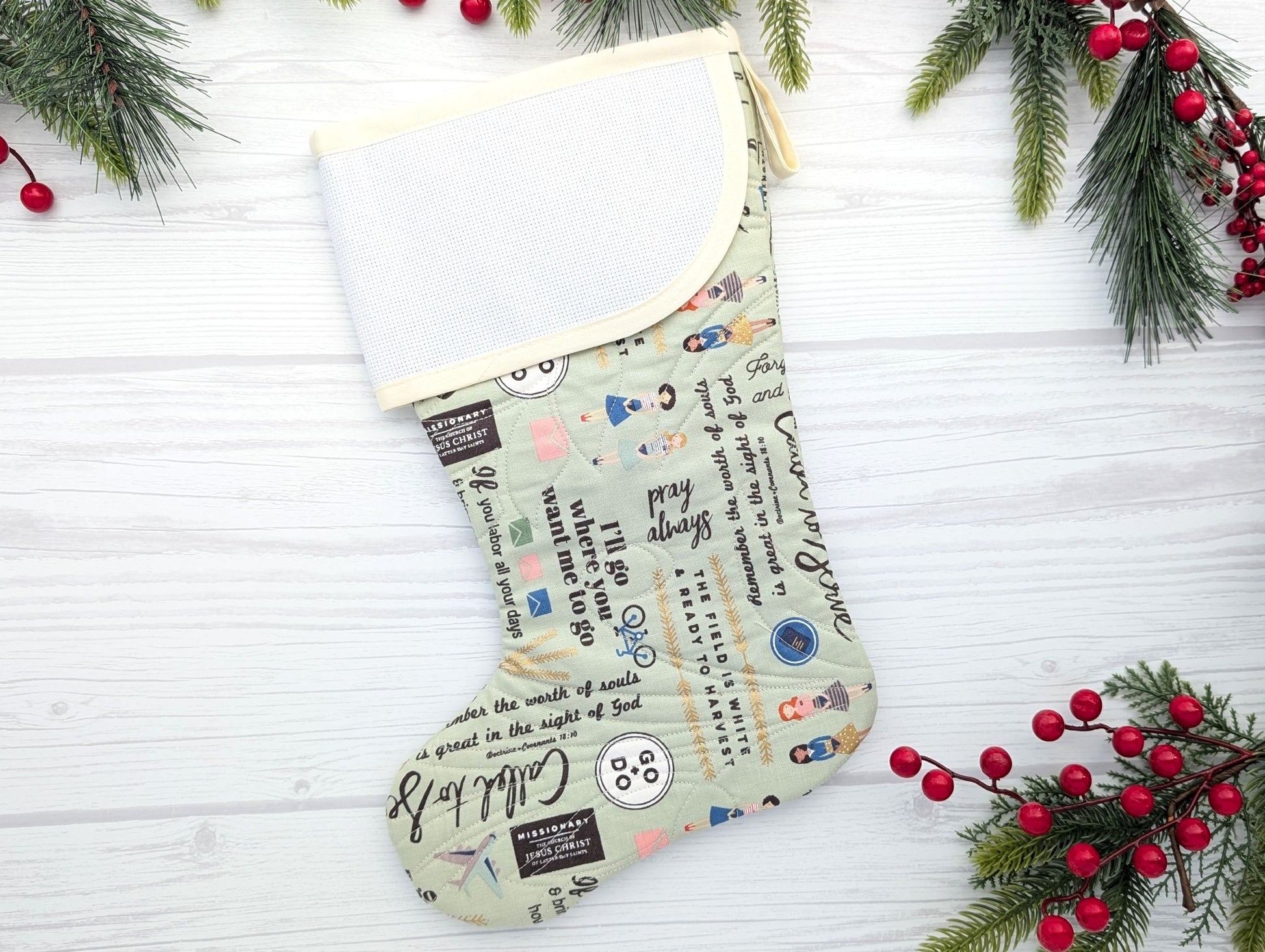 sage mix quilted Christmas stocking with blank cross stitch Aida cuff for LDS missionary